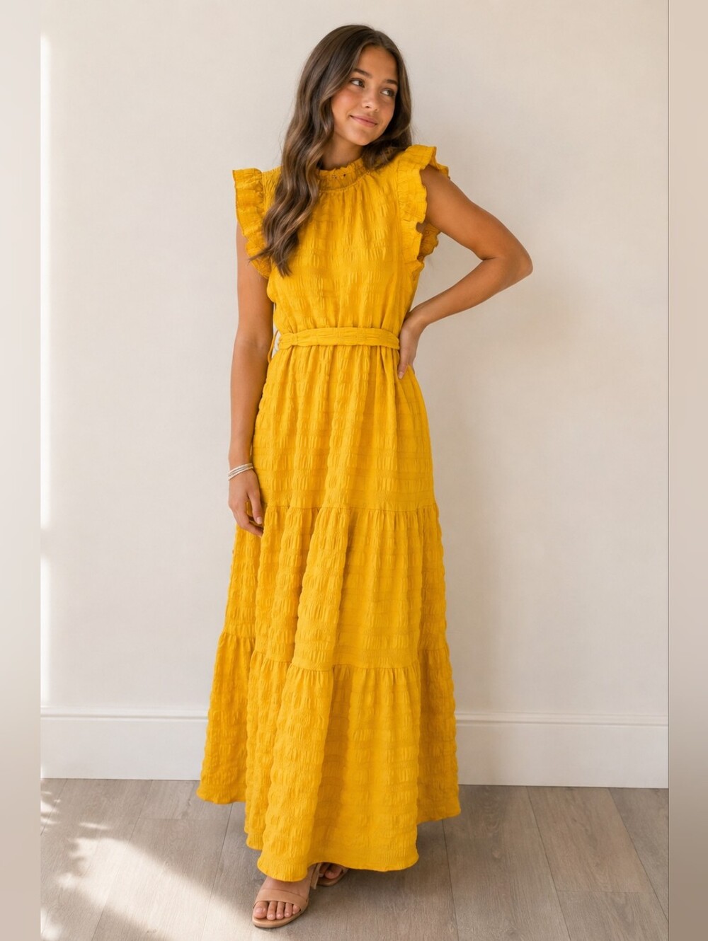 Sleeveless Ruffled Maxi Dress in Mustard Yellow - XL (14)